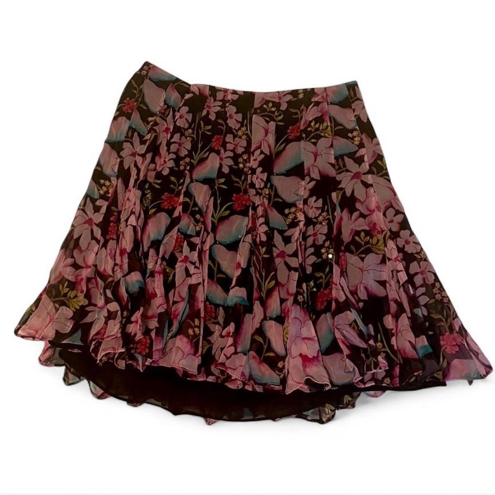 Black floral print silk midi skirt